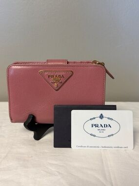 Prada Pink Saffiano Leather Bifold Wallet Logo Plate w/ Cards